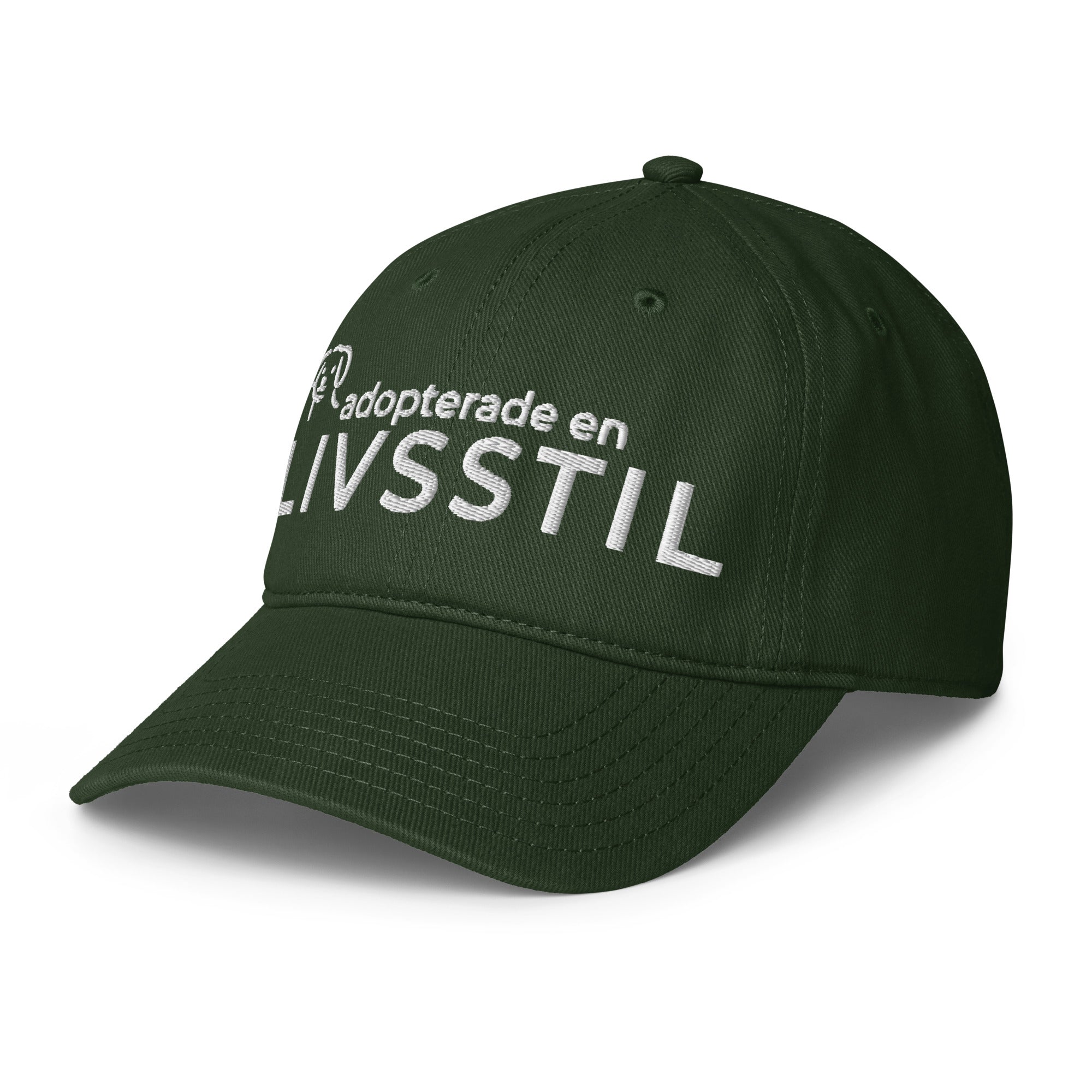 Grön broderad keps med texten adopterade en livsstil av Ohana Rescue Skellefteå