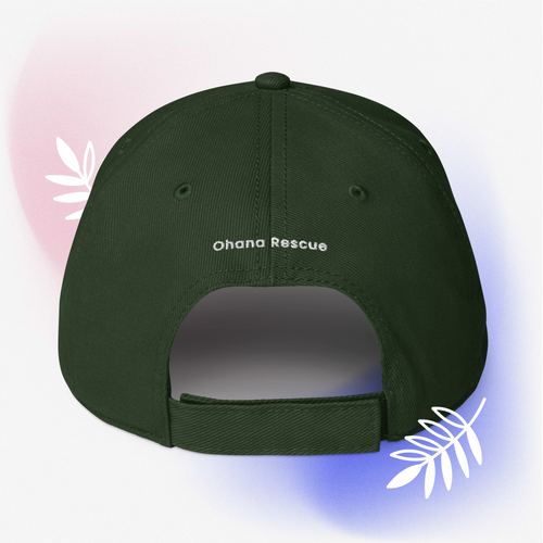Grön broderad keps med texten adopterade en livsstil från Ohana Rescue Norrland Sverige