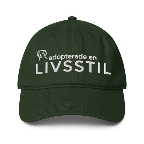 Grön broderad keps med texten adopterade en livsstil från Ohana Rescue framifran snygg hundkeps