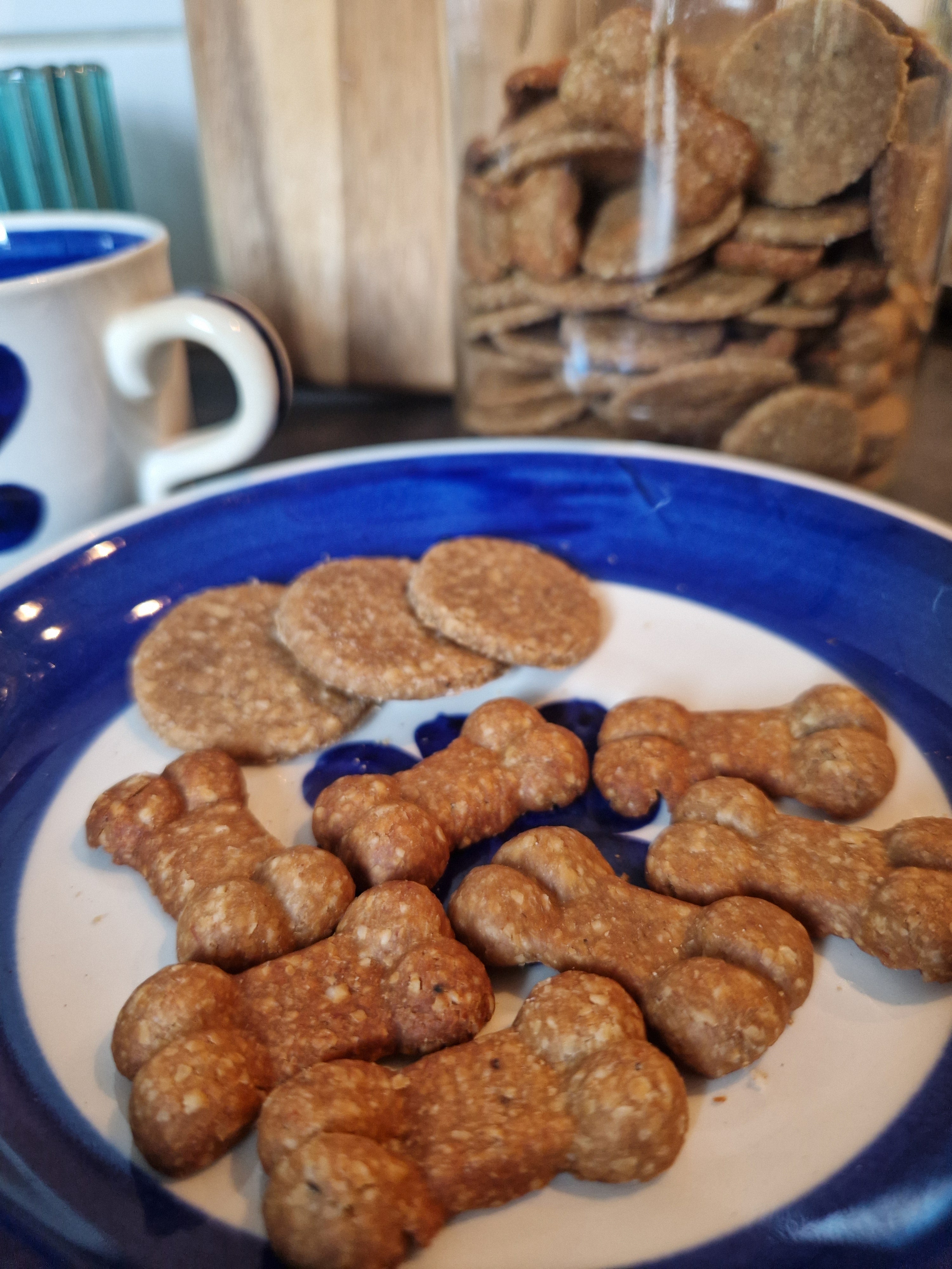 Hemgjorda banankex för hundar bakade med glutenfri havre och banan.