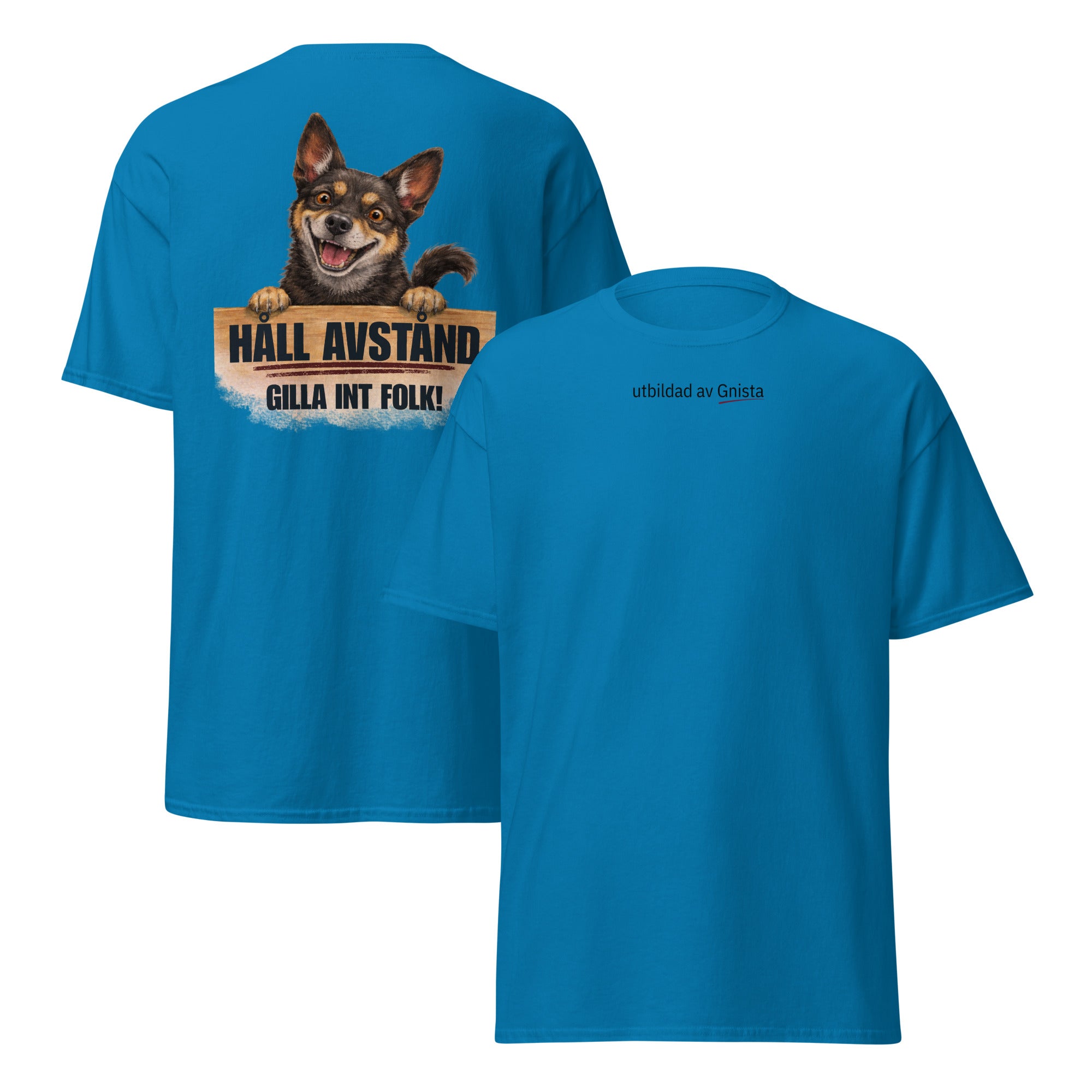 rolig t-shirt med texten "Håll avstånd, gillar inte folk" och illustration av rescuehund färg blå