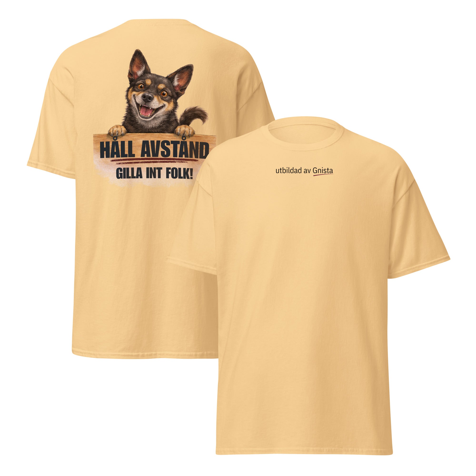gul t-shirt med kaxig text "gilla int folk" med liten rescuhund
