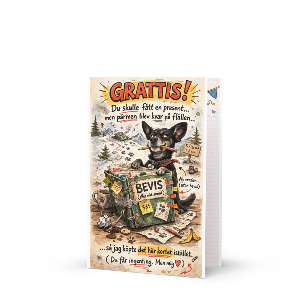 Gnistas gratulationer nr 001 – roligt grattiskort med hund och planer, humoristiskt kort