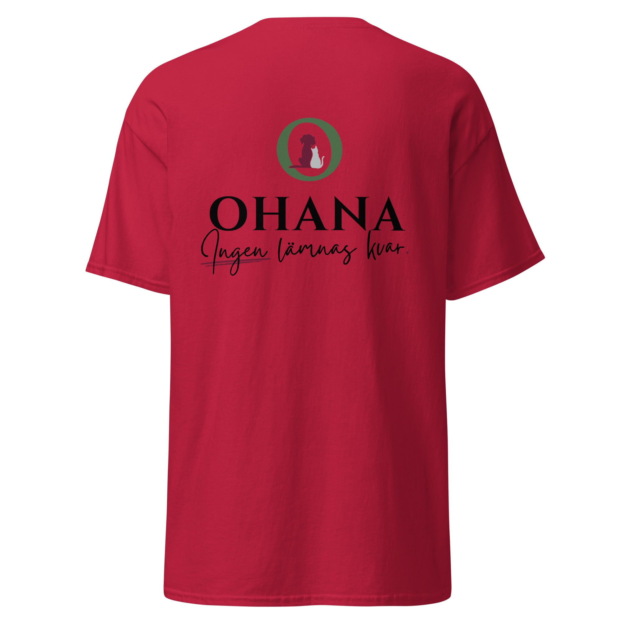 ohana t-shirt ingen lämnas kvar rescue hund cardinal röd bak tryck
