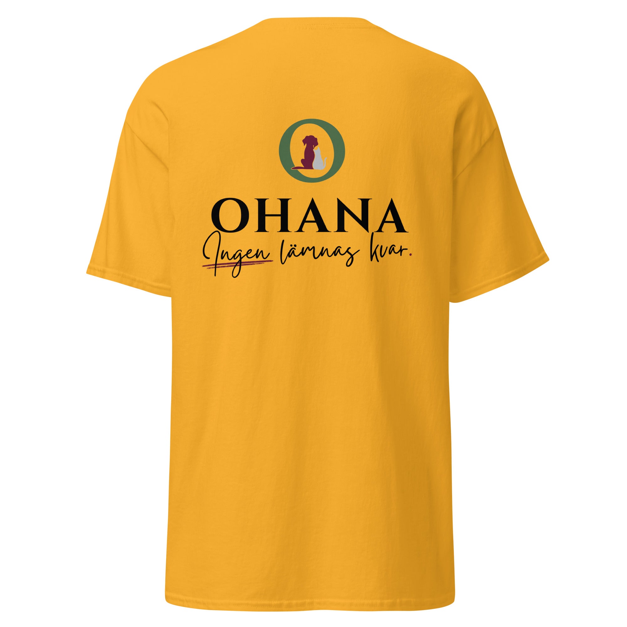 ohana t-shirt rescue ingen lämnas kvar gold gul bak tryck