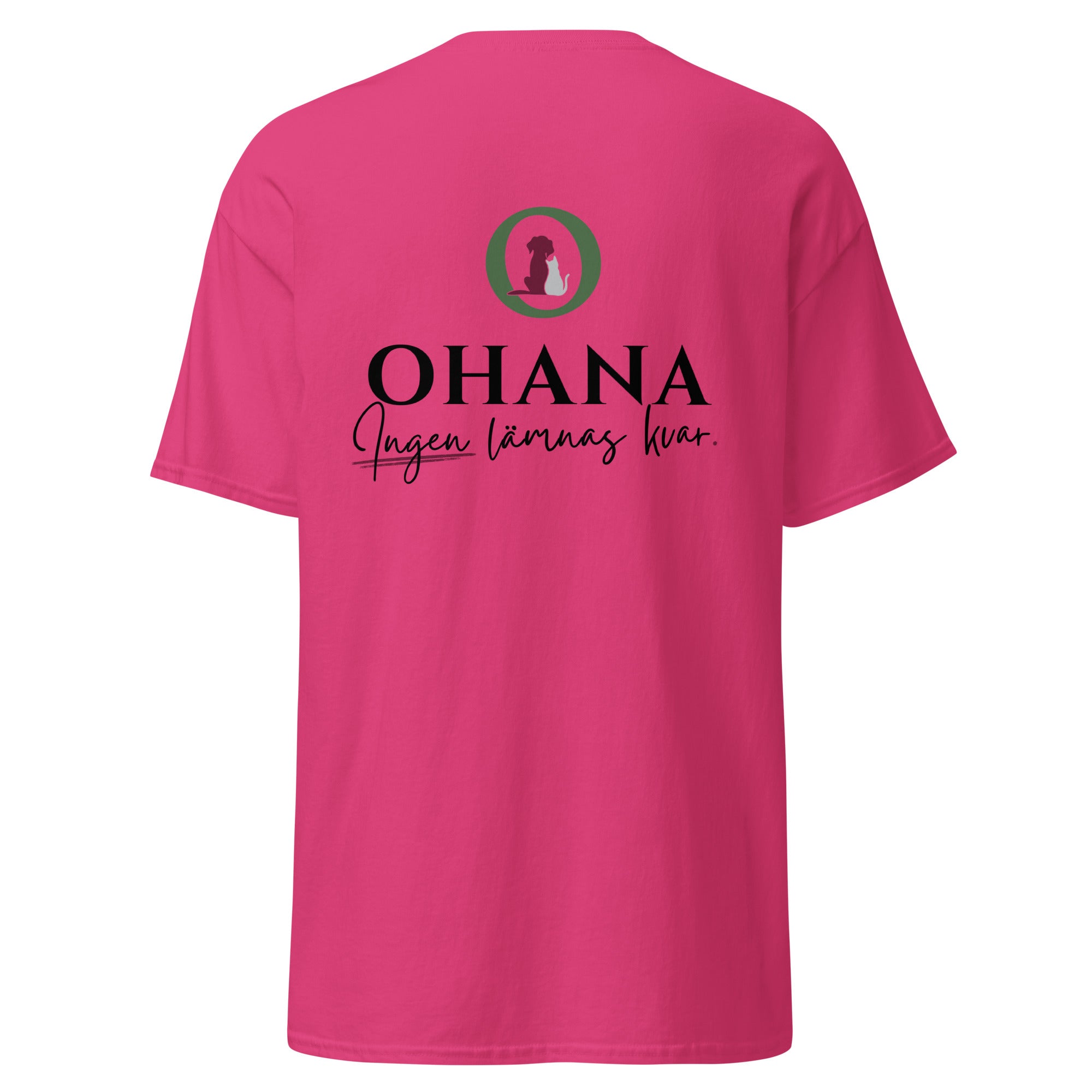 ohana t-shirt ingen lämnas kvar heliconia rosa bak tryck