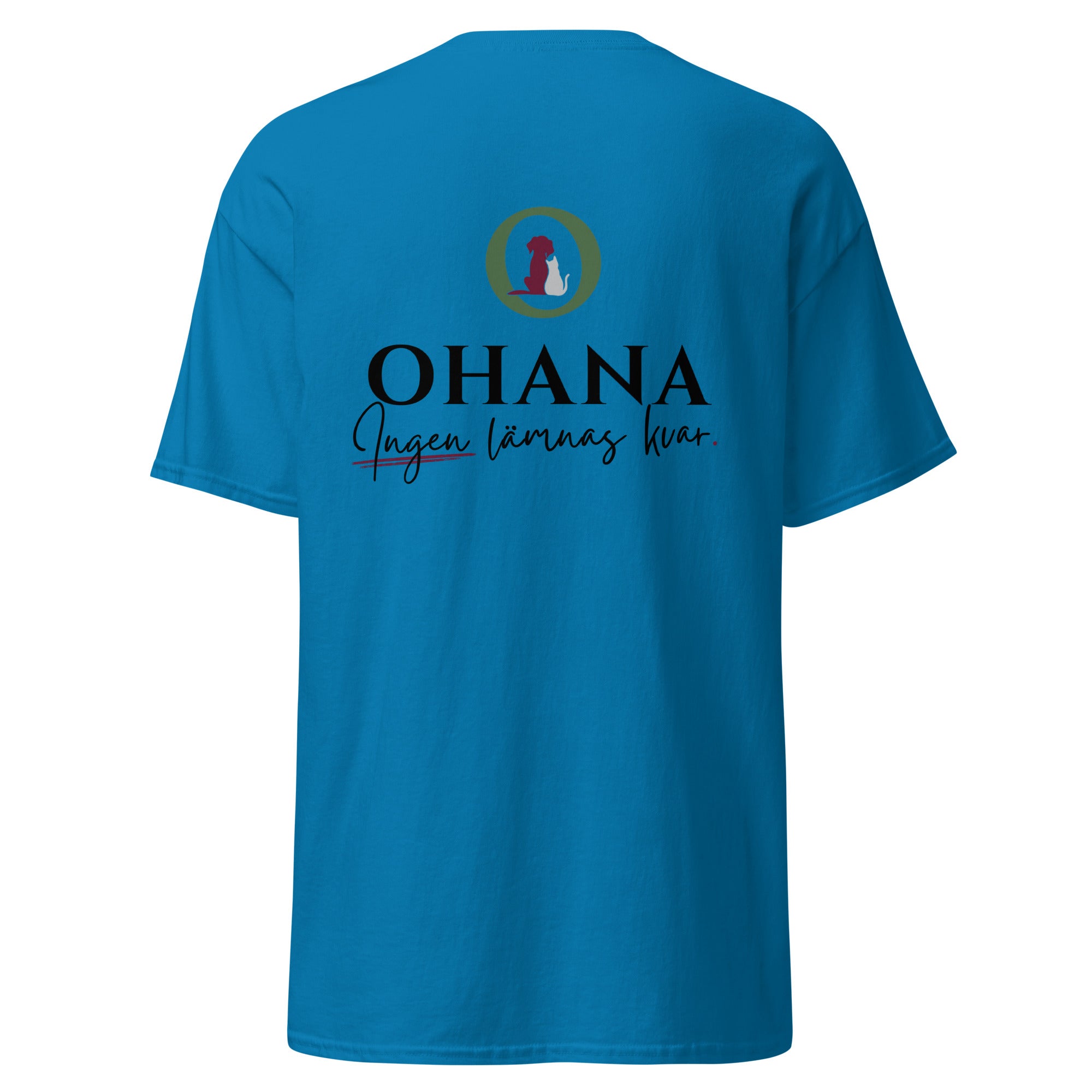 ohana t-shirt ingen lämnas kvar rescue hund sapphire blå bak tryck