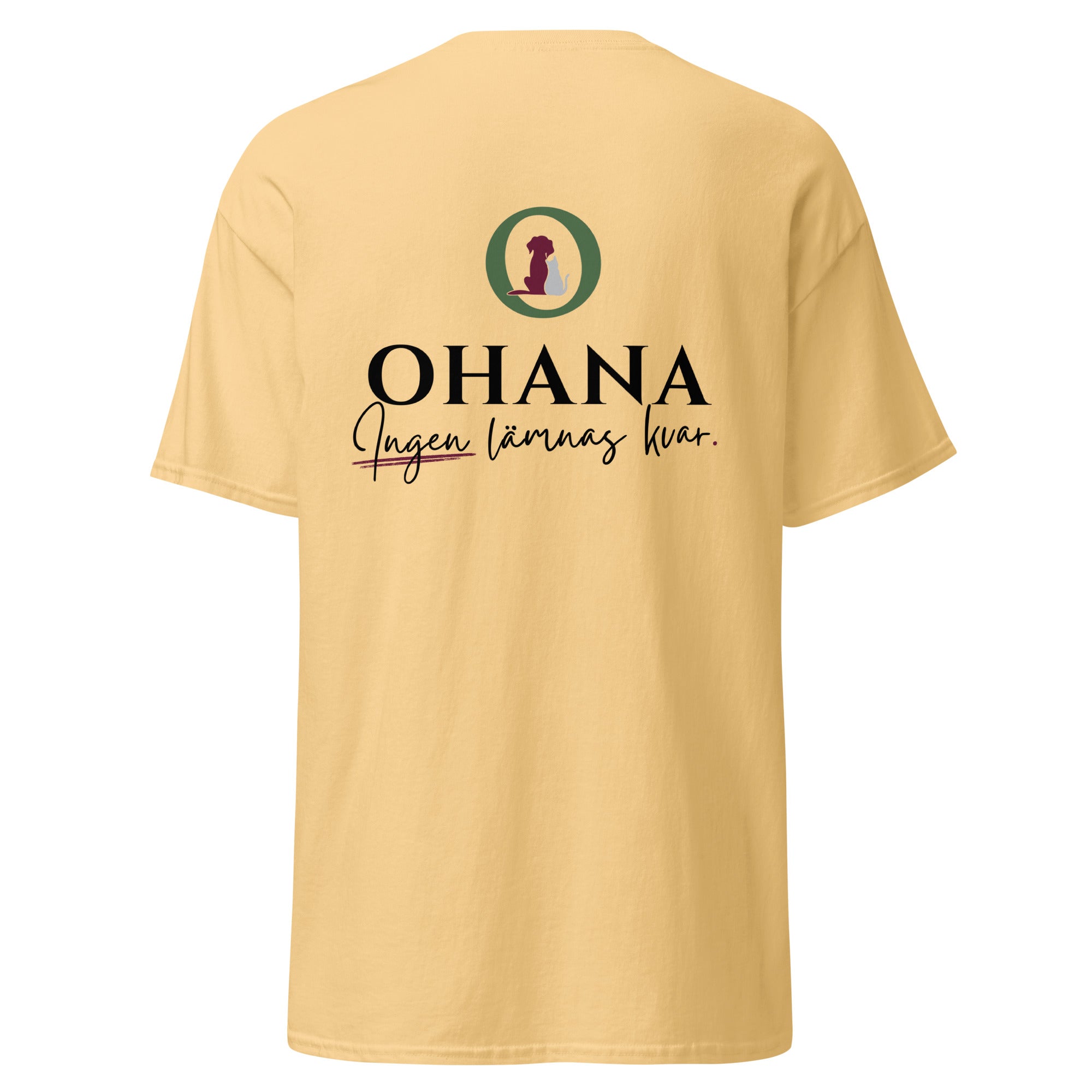 ohana t-shirt rescue ingen lämnas kvar gul yellow haze bak tryck
